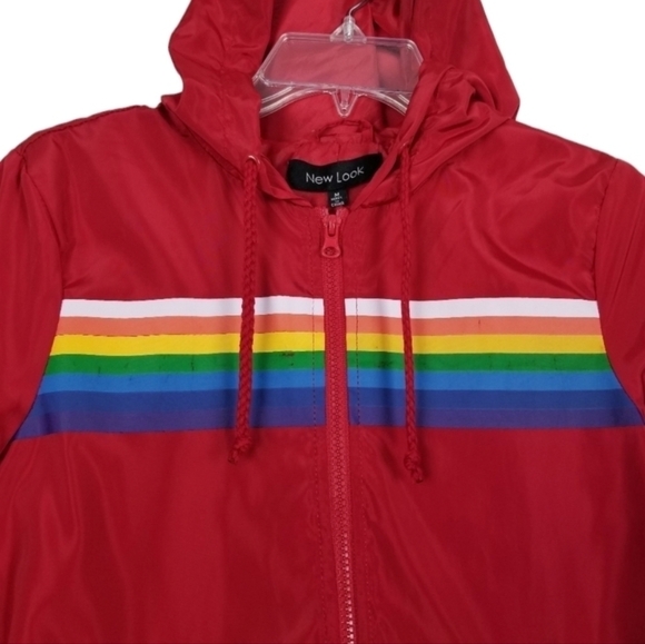 New Look Womens Red Rainbow Stripe Full Zip Jacket Hood Windbreaker Medium - Picture 1 of 12
